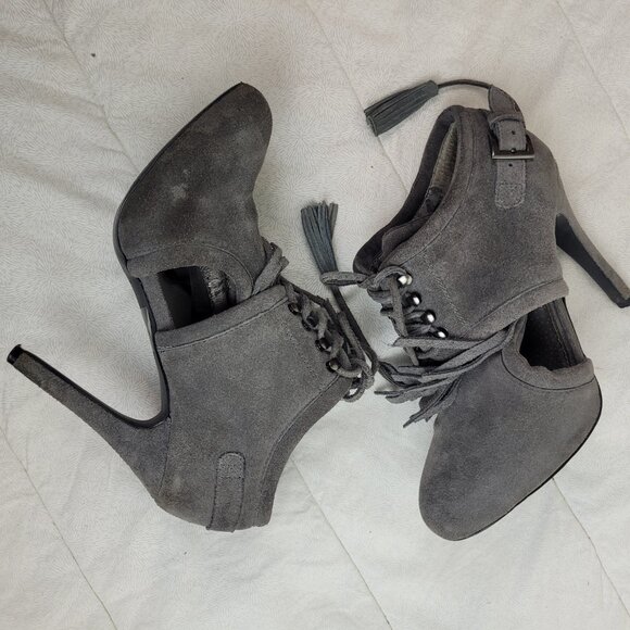 Colin Stuart gray suede booties fringe leather ties tassels stiletto heels 6.5 - Picture 11 of 13